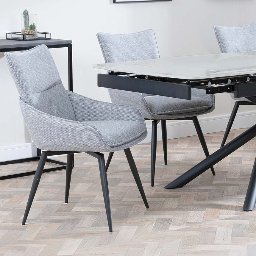 Beverly Grey Ceramic Extending Dining Set - Torres Fabric Swivel Dining Chair