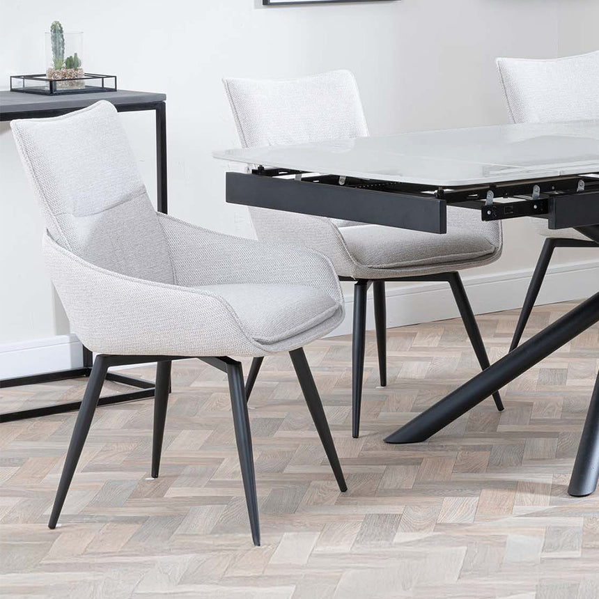 Beverly Grey Ceramic Extending Dining Set - Torres Fabric Swivel Dining Chair