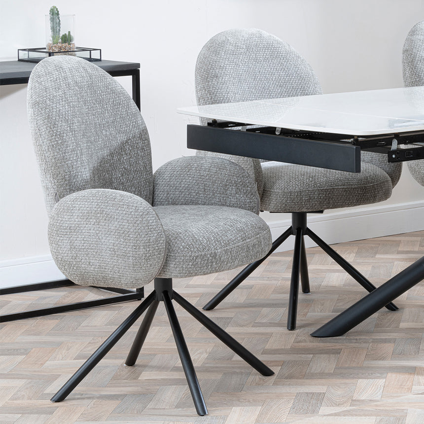 Beverly White Ceramic Extending Dining Set - Altavista Fabric Swivel Dining Chair