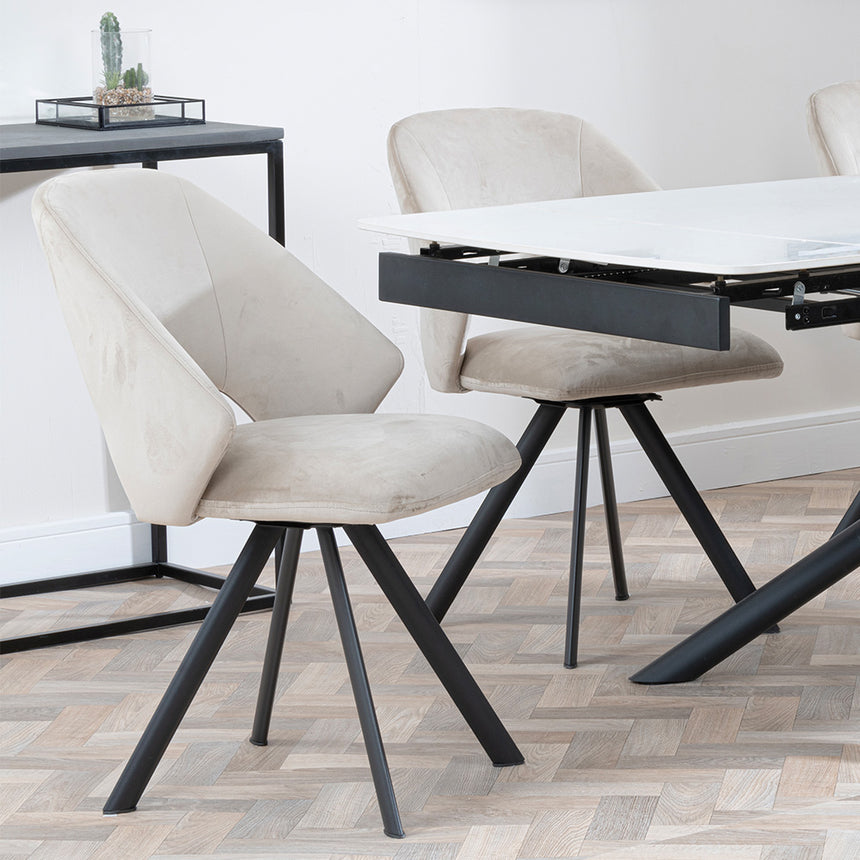Beverly White Ceramic Extending Dining Set - Burano Velvet Fabric Swivel Dining Chair
