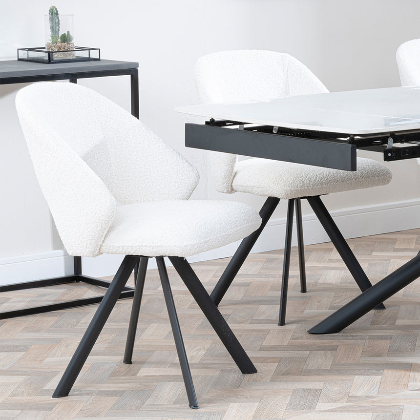 Beverly White Ceramic Extending Dining Set - Burano Velvet Fabric Swivel Dining Chair
