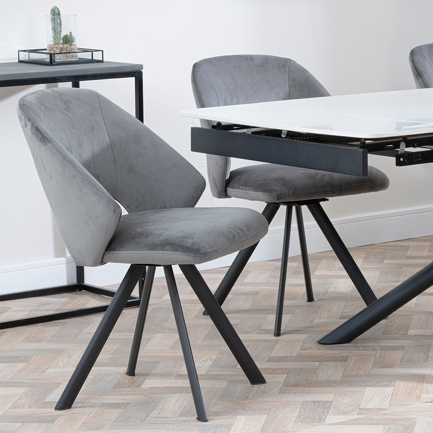 Beverly White Ceramic Extending Dining Set - Burano Velvet Fabric Swivel Dining Chair