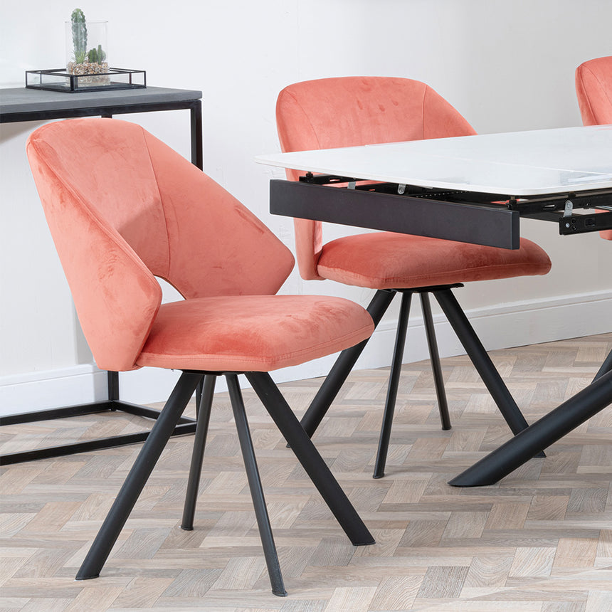 Beverly White Ceramic Extending Dining Set - Burano Velvet Fabric Swivel Dining Chair