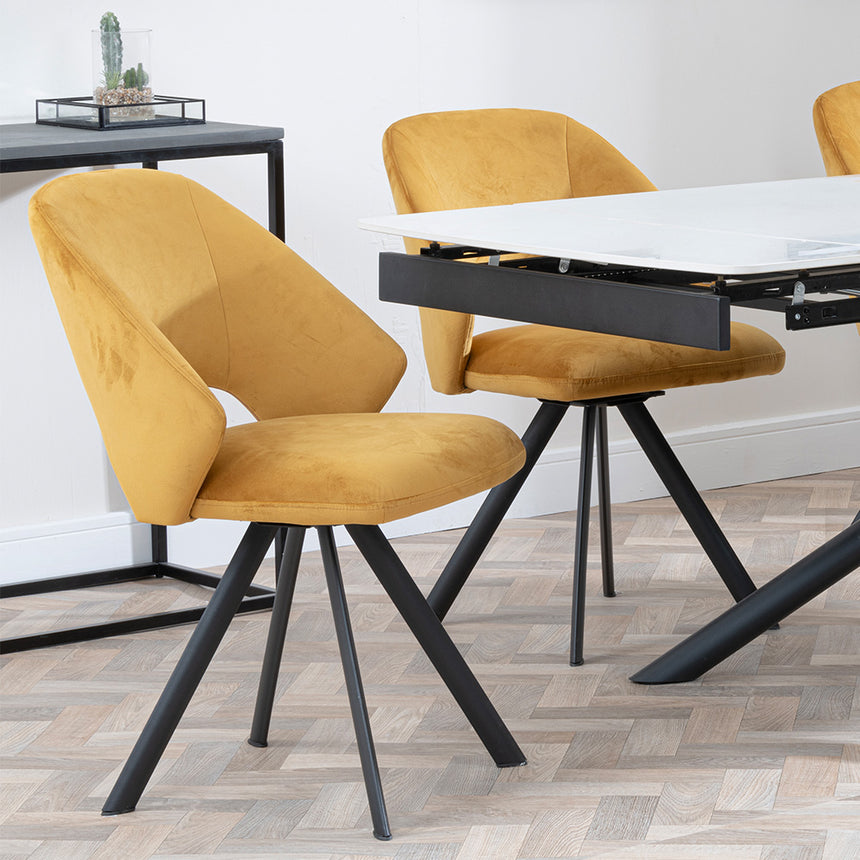 Beverly White Ceramic Extending Dining Set - Burano Velvet Fabric Swivel Dining Chair