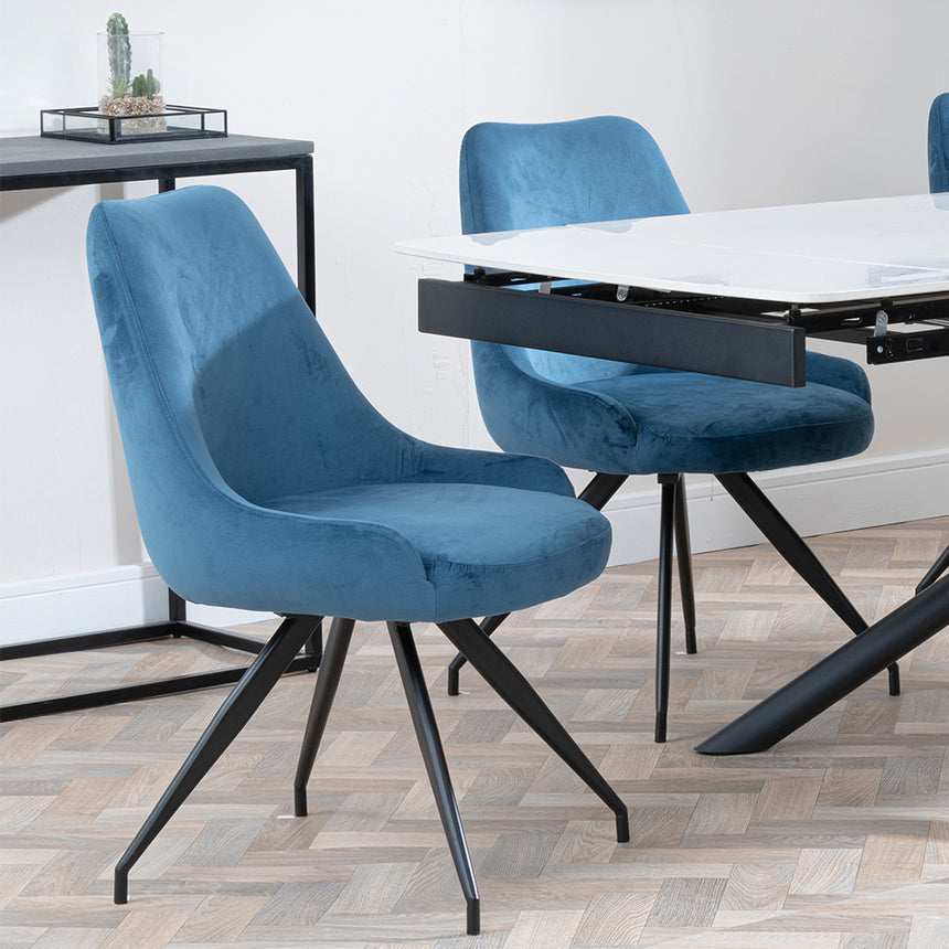 Beverly White Ceramic Extending Dining Set - Diana Velvet Fabric Swivel Dining Chair
