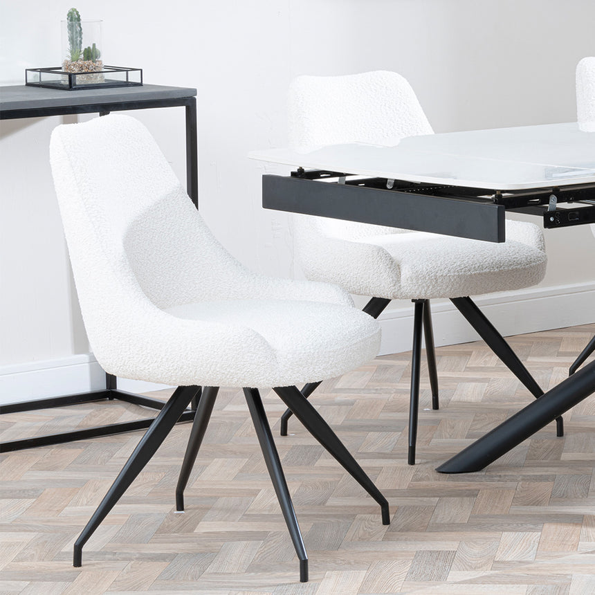 Beverly White Ceramic Extending Dining Set - Diana Velvet Fabric Swivel Dining Chair