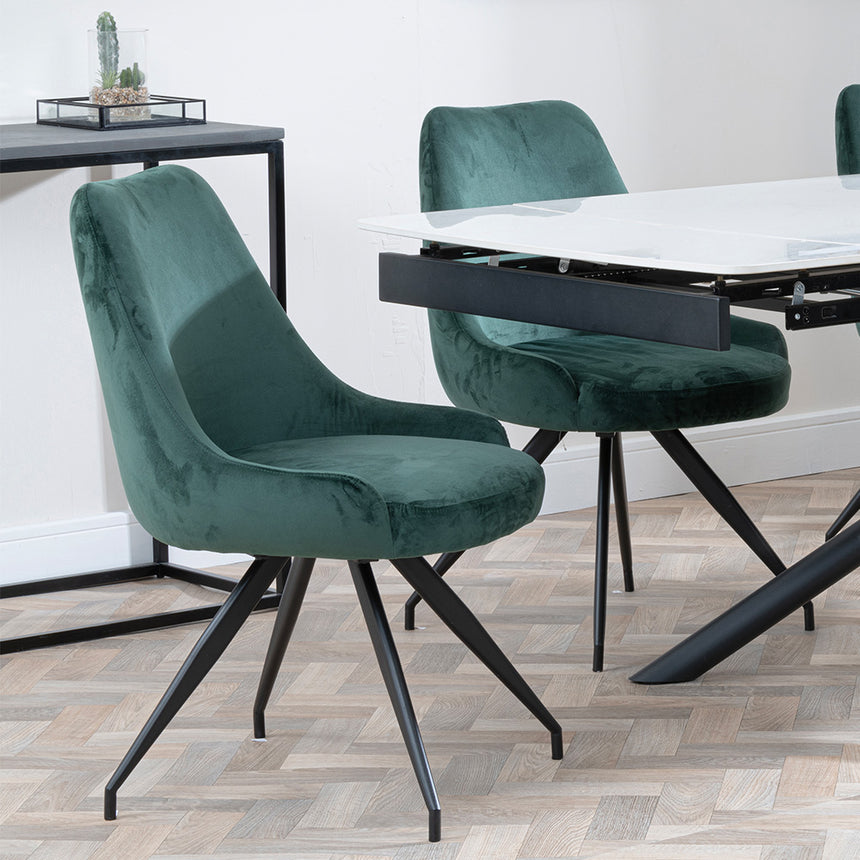 Beverly White Ceramic Extending Dining Set - Diana Velvet Fabric Swivel Dining Chair