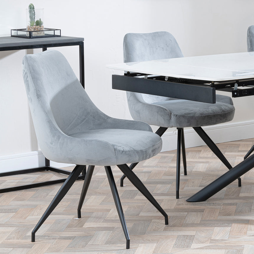 Beverly White Ceramic Extending Dining Set - Diana Velvet Fabric Swivel Dining Chair