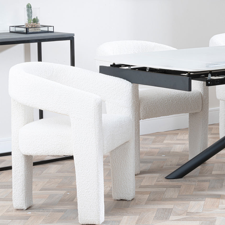 Beverly White Ceramic Extending Dining Set - Killen Boucle Fabric Dining Chair