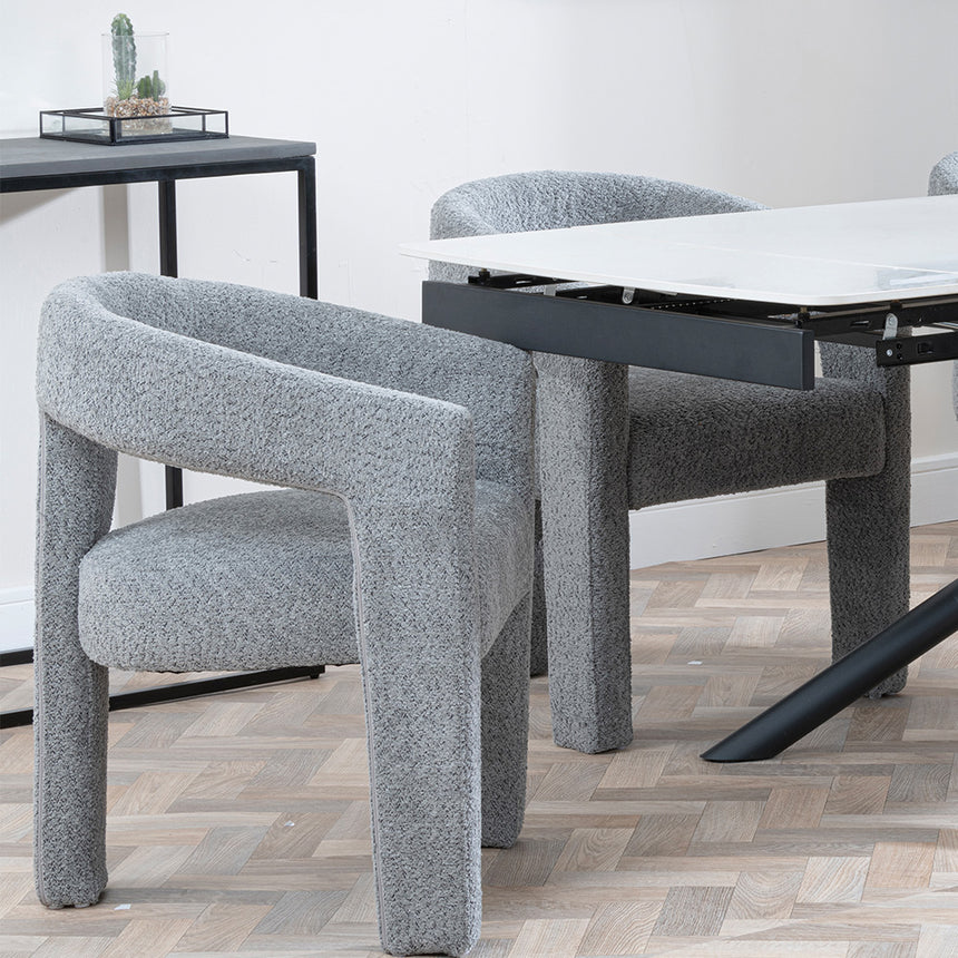 Beverly White Ceramic Extending Dining Set - Killen Boucle Fabric Dining Chair