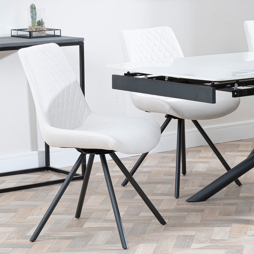 Beverly White Ceramic Extending Dining Set - Messina Fabric Swivel Dining Chair