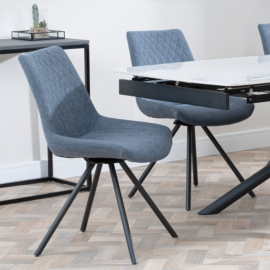 Beverly White Ceramic Extending Dining Set - Messina Fabric Swivel Dining Chair