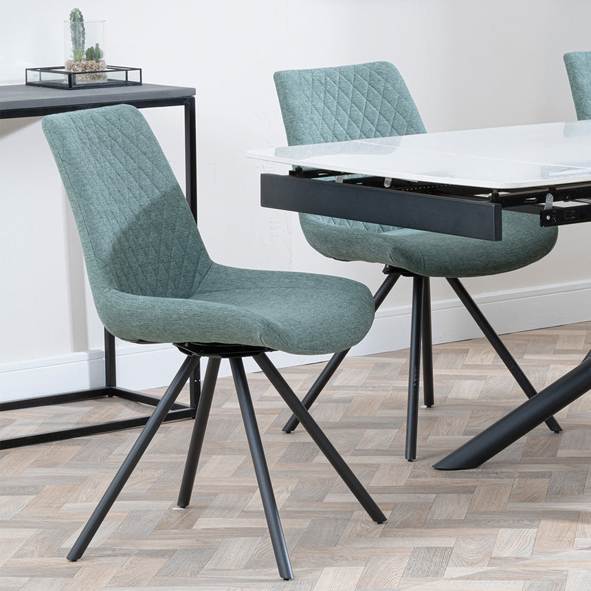 Beverly White Ceramic Extending Dining Set - Messina Fabric Swivel Dining Chair