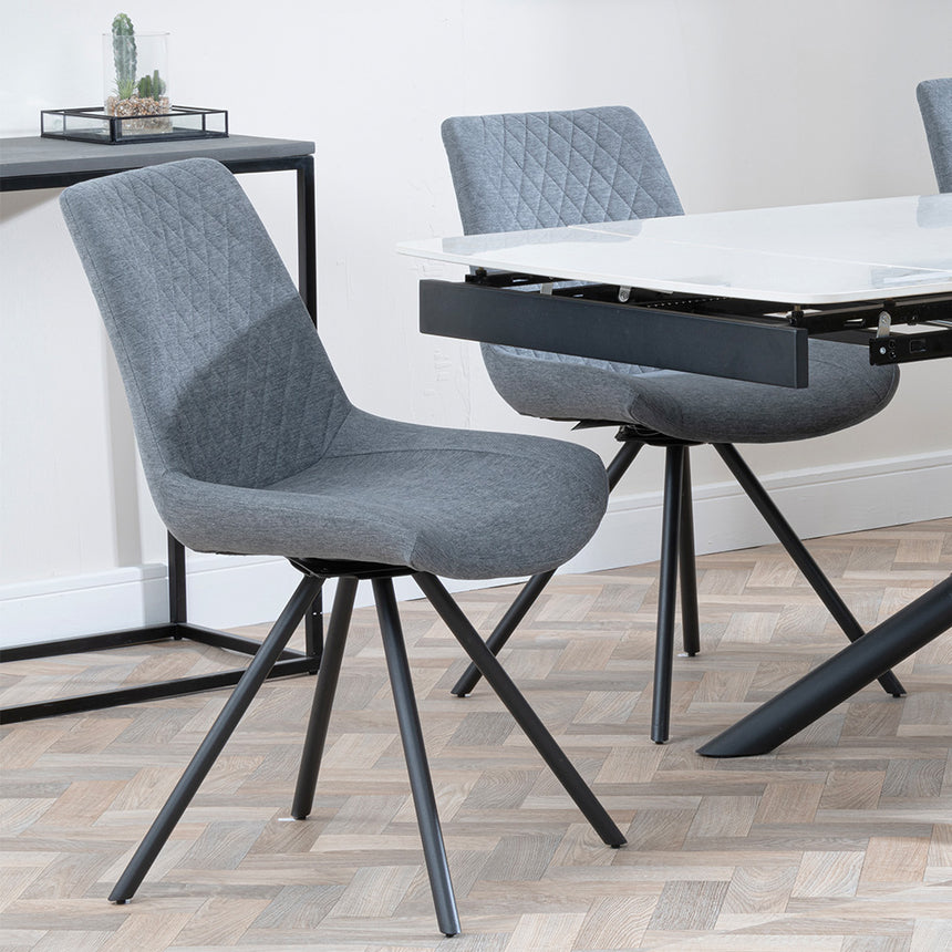 Beverly White Ceramic Extending Dining Set - Messina Fabric Swivel Dining Chair