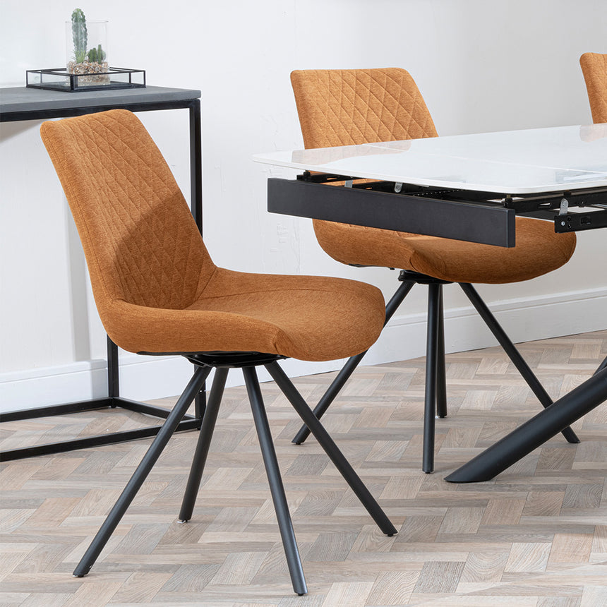 Beverly White Ceramic Extending Dining Set - Messina Fabric Swivel Dining Chair