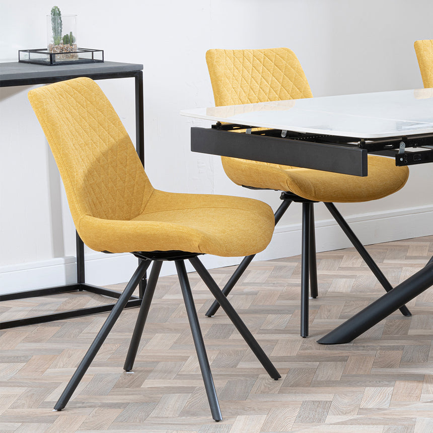 Beverly White Ceramic Extending Dining Set - Messina Fabric Swivel Dining Chair
