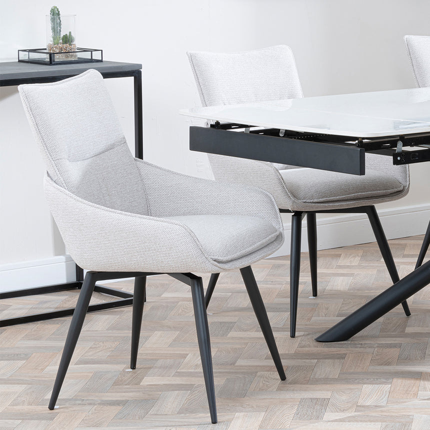 Beverly White Ceramic Extending Dining Set - Torres Fabric Swivel Dining Chair
