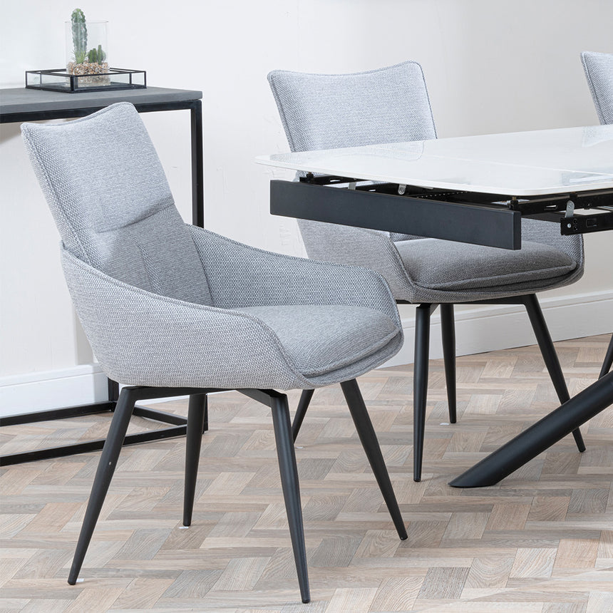 Beverly White Ceramic Extending Dining Set - Torres Fabric Swivel Dining Chair