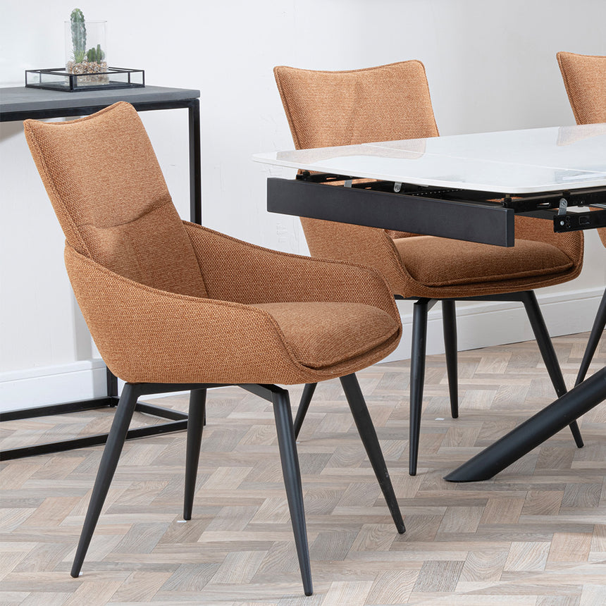 Beverly White Ceramic Extending Dining Set - Torres Fabric Swivel Dining Chair
