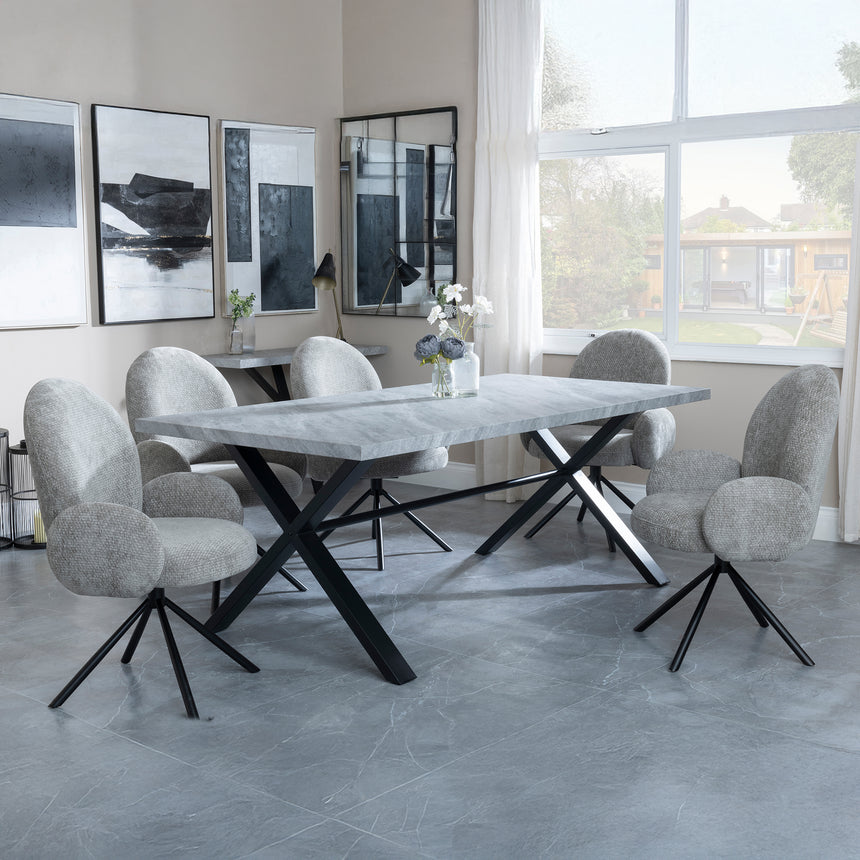 Bologna Grey Concrete Effect Dining Set with Cross Legs - Altavista Grey Fabric Swivel Dining Chair