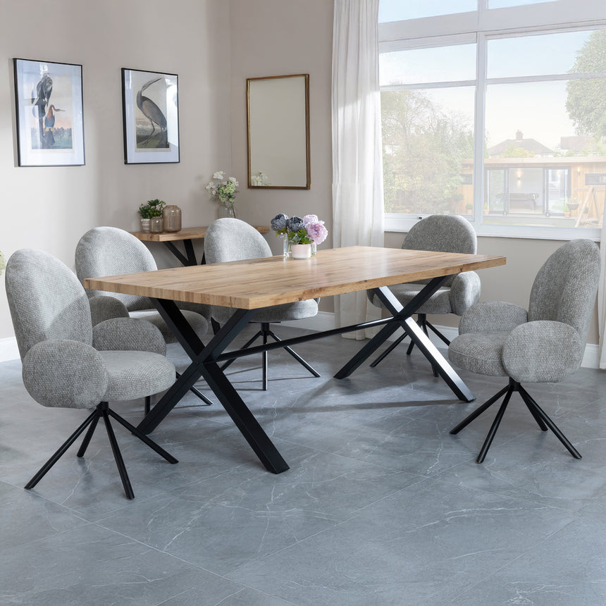Bologna Industrial Oak Effect Dining Set with Cross Legs - Altavista Grey Fabric Swivel Dining Chair
