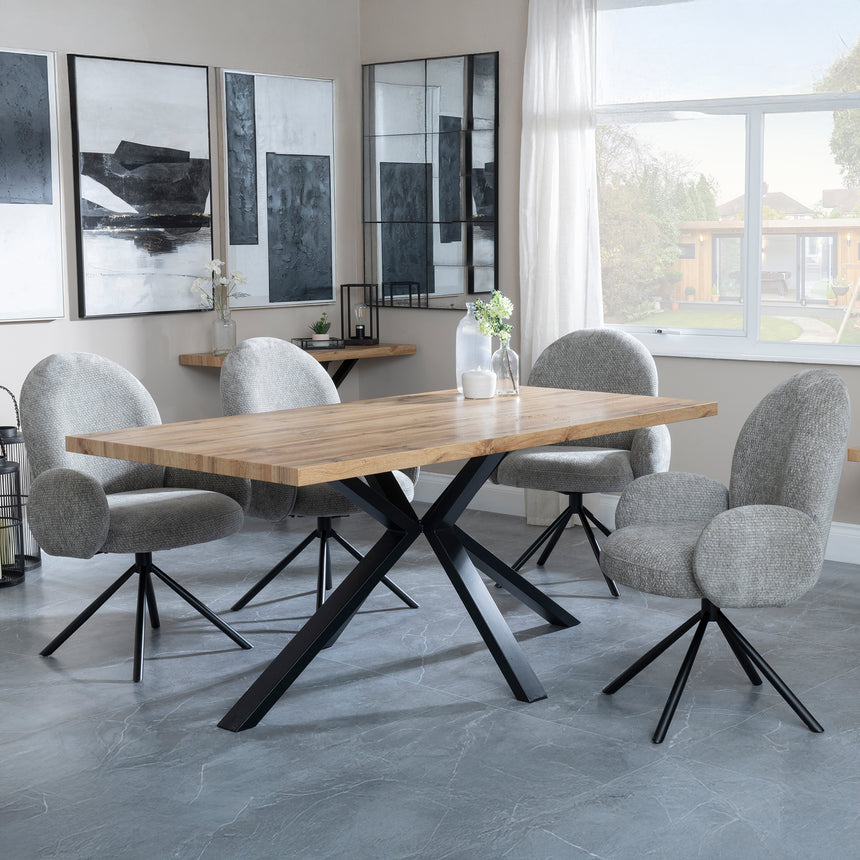 Bologna Industrial Oak Effect Dining Set with Spider Legs - Altavista Grey Fabric Swivel Dining Chair