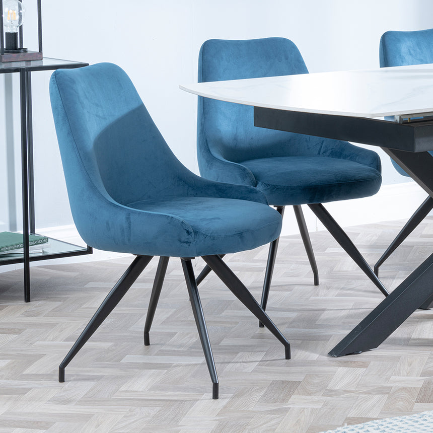 Charlotte White Ceramic Extending Dining Set - Diana Velvet Fabric Swivel Dining Chair