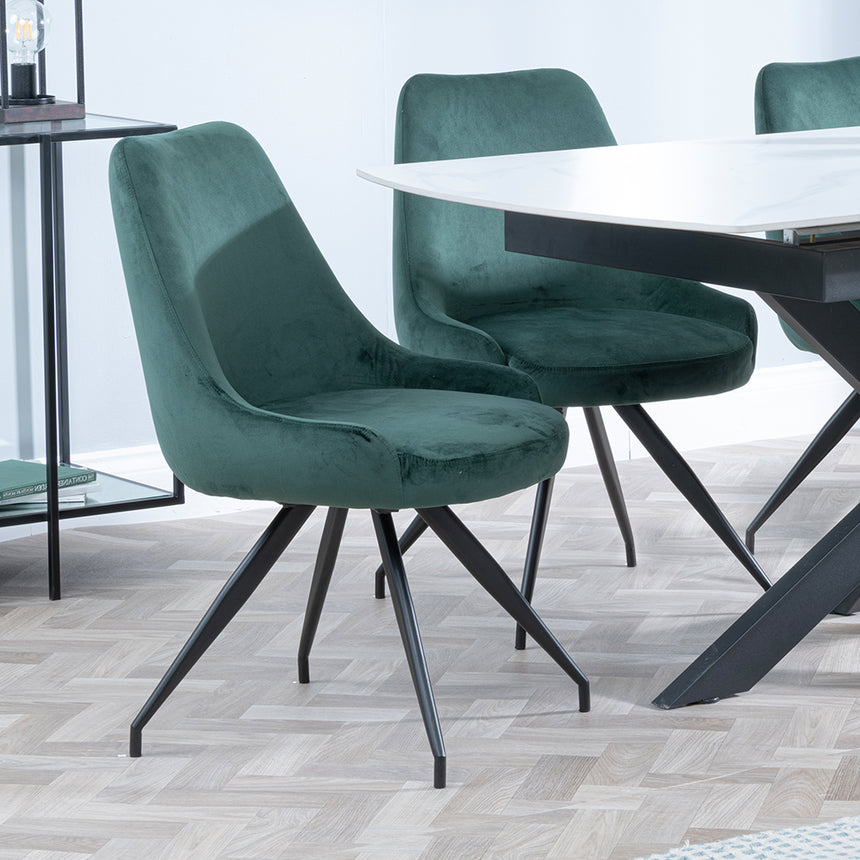 Charlotte White Ceramic Extending Dining Set - Diana Velvet Fabric Swivel Dining Chair