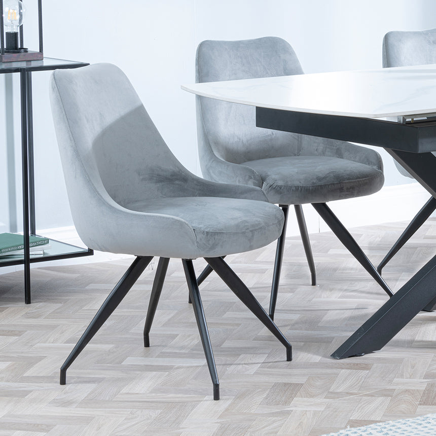 Charlotte White Ceramic Extending Dining Set - Diana Velvet Fabric Swivel Dining Chair