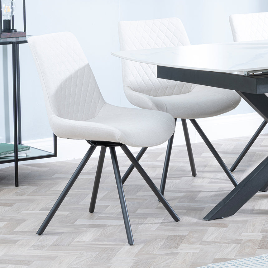 Charlotte White Ceramic Extending Dining Set - Messina Fabric Swivel Dining Chair