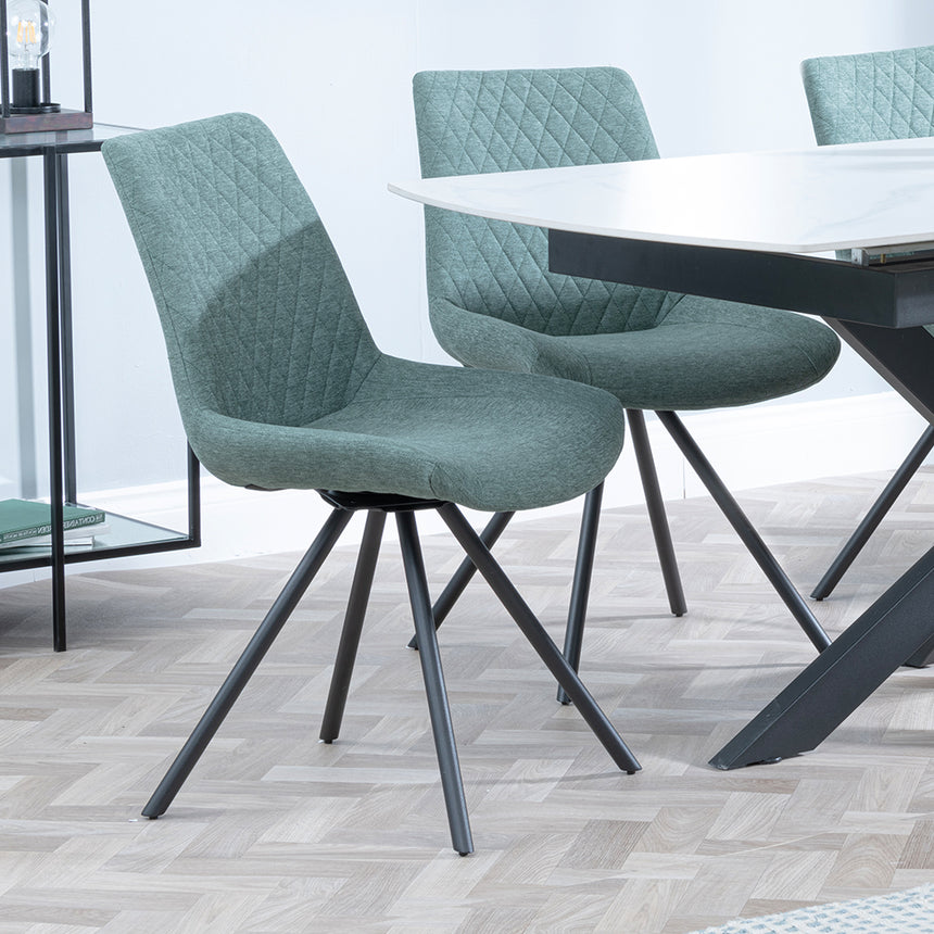 Charlotte White Ceramic Extending Dining Set - Messina Fabric Swivel Dining Chair