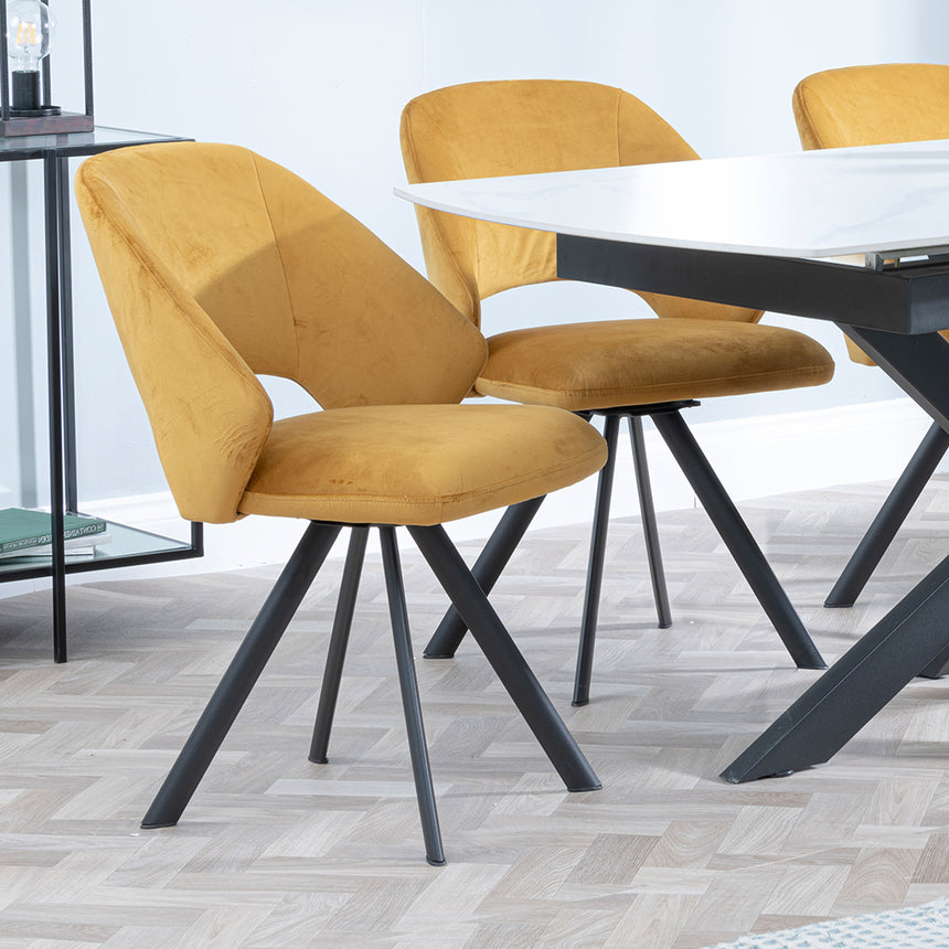 Charlotte White Ceramic Extending Dining Set - Burano Velvet Fabric Swivel Dining Chair