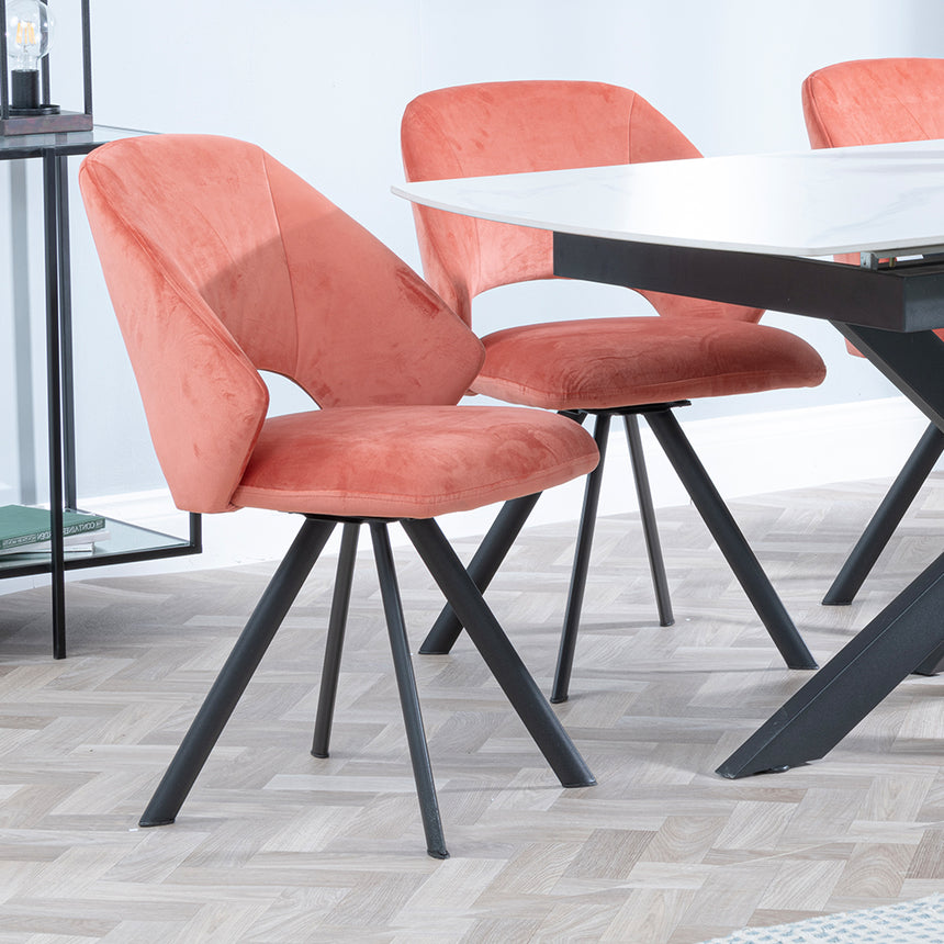 Charlotte White Ceramic Extending Dining Set - Burano Velvet Fabric Swivel Dining Chair