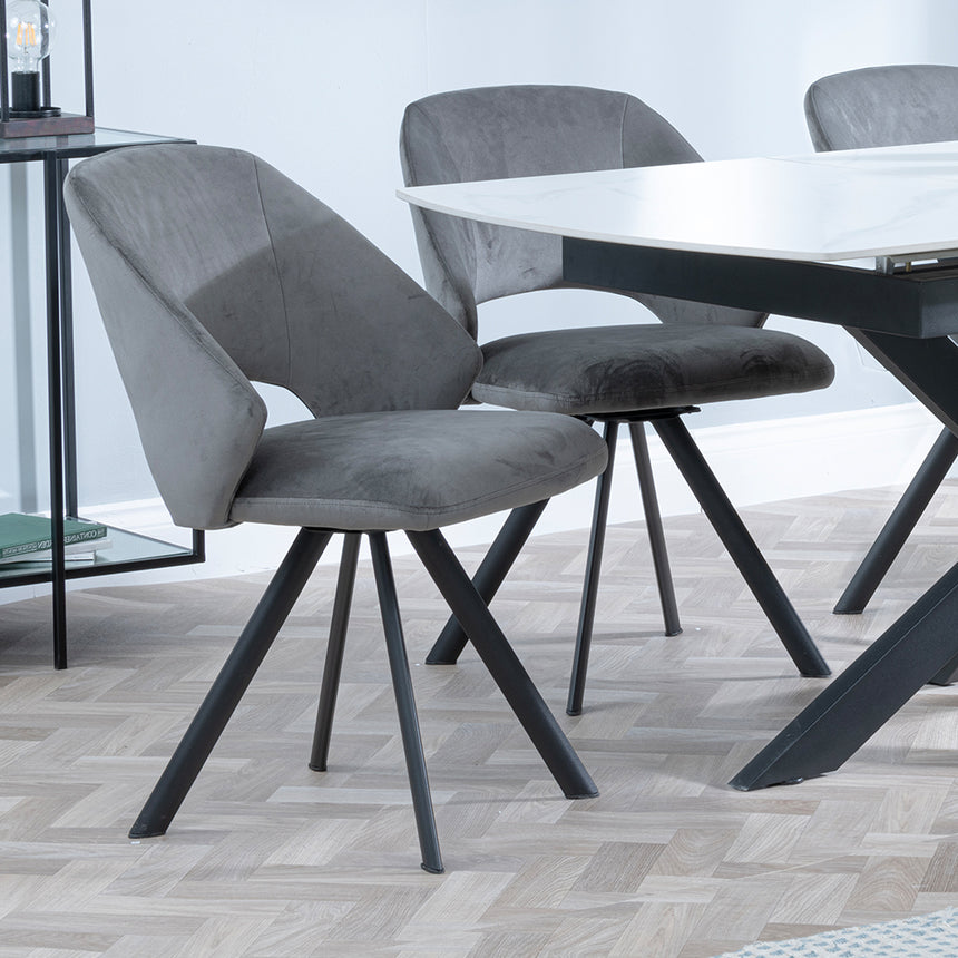 Charlotte White Ceramic Extending Dining Set - Burano Velvet Fabric Swivel Dining Chair
