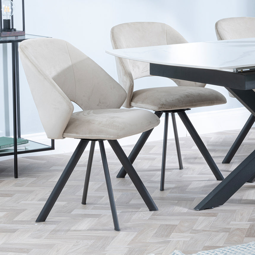 Charlotte White Ceramic Extending Dining Set - Burano Velvet Fabric Swivel Dining Chair