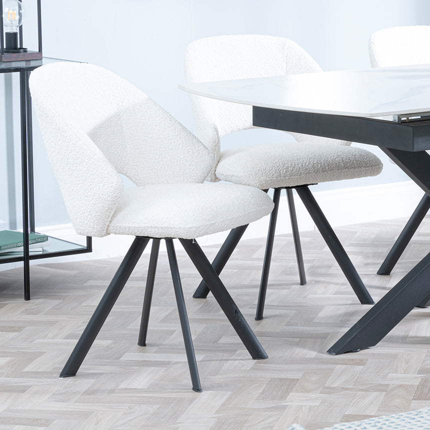 Charlotte White Ceramic Extending Dining Set - Burano Velvet Fabric Swivel Dining Chair