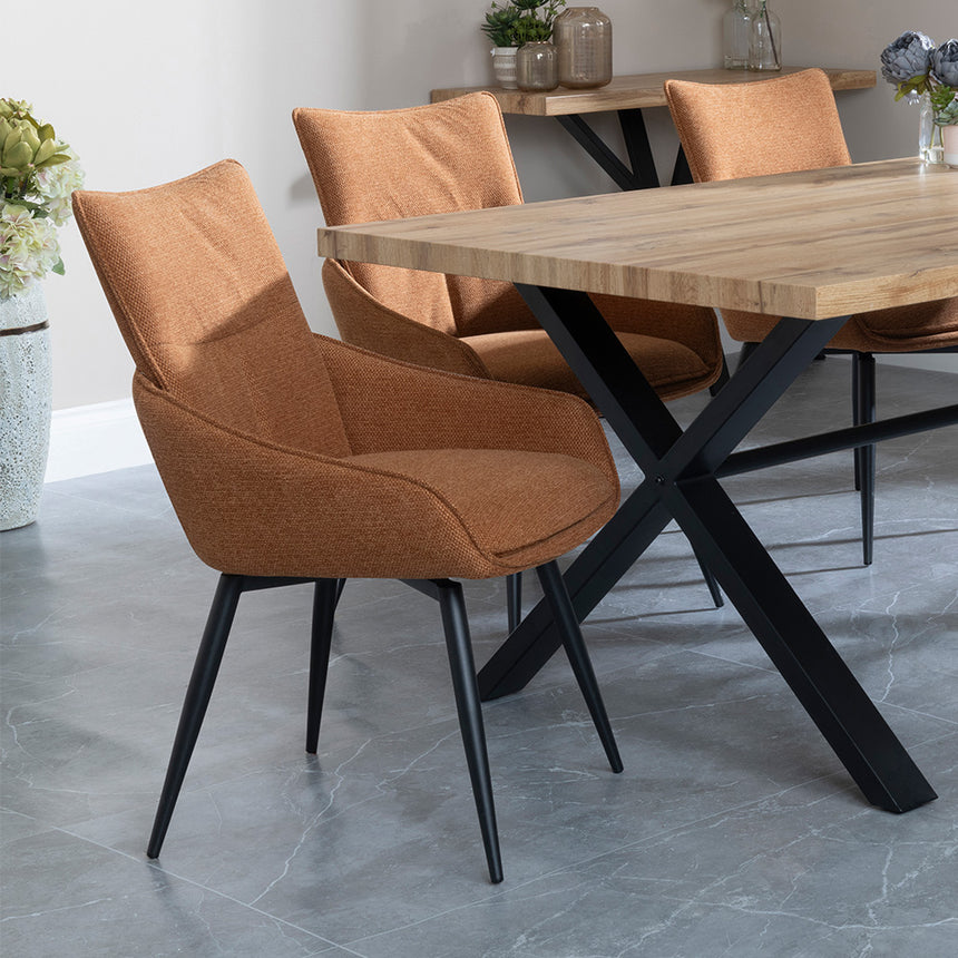 Barking Oak Dining Set with Black Cross Legs - Torres Grey Fabric Swivel Dining Chair