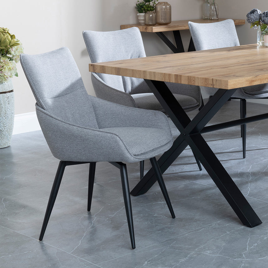 Barking Oak Dining Set with Black Cross Legs - Torres Grey Fabric Swivel Dining Chair