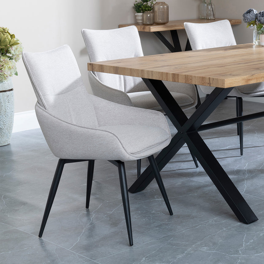 Barking Oak Dining Set with Black Cross Legs - Torres Grey Fabric Swivel Dining Chair