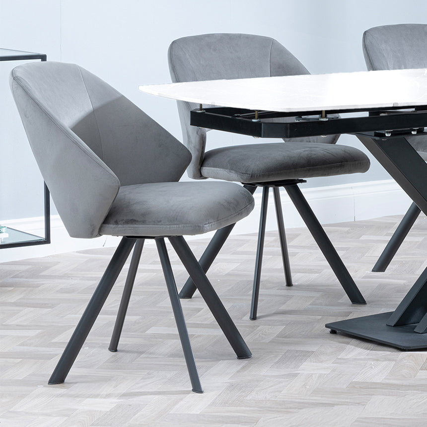 Diana White Ceramic Swivel Top Extending Dining Set - Burano Velvet Fabric Swivel Dining Chair