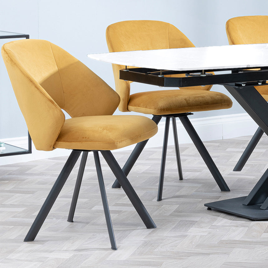 Diana White Ceramic Swivel Top Extending Dining Set - Burano Velvet Fabric Swivel Dining Chair