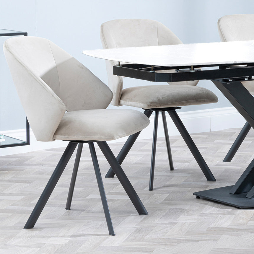 Diana White Ceramic Swivel Top Extending Dining Set - Burano Velvet Fabric Swivel Dining Chair