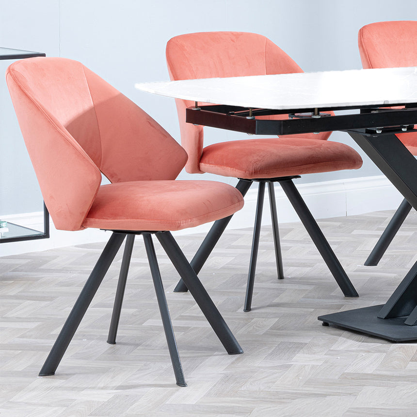 Diana White Ceramic Swivel Top Extending Dining Set - Burano Velvet Fabric Swivel Dining Chair