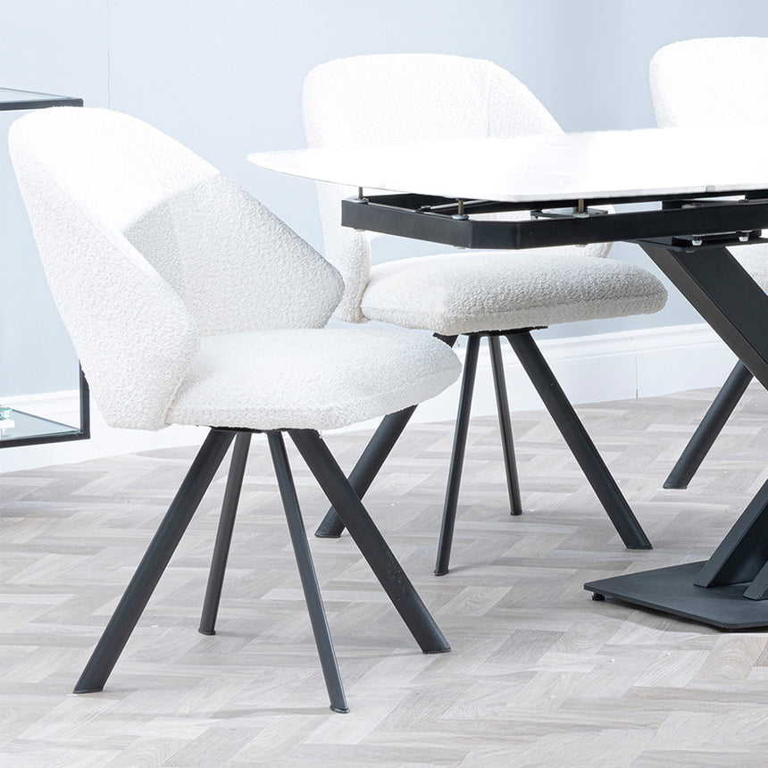 Diana White Ceramic Swivel Top Extending Dining Set - Burano Velvet Fabric Swivel Dining Chair