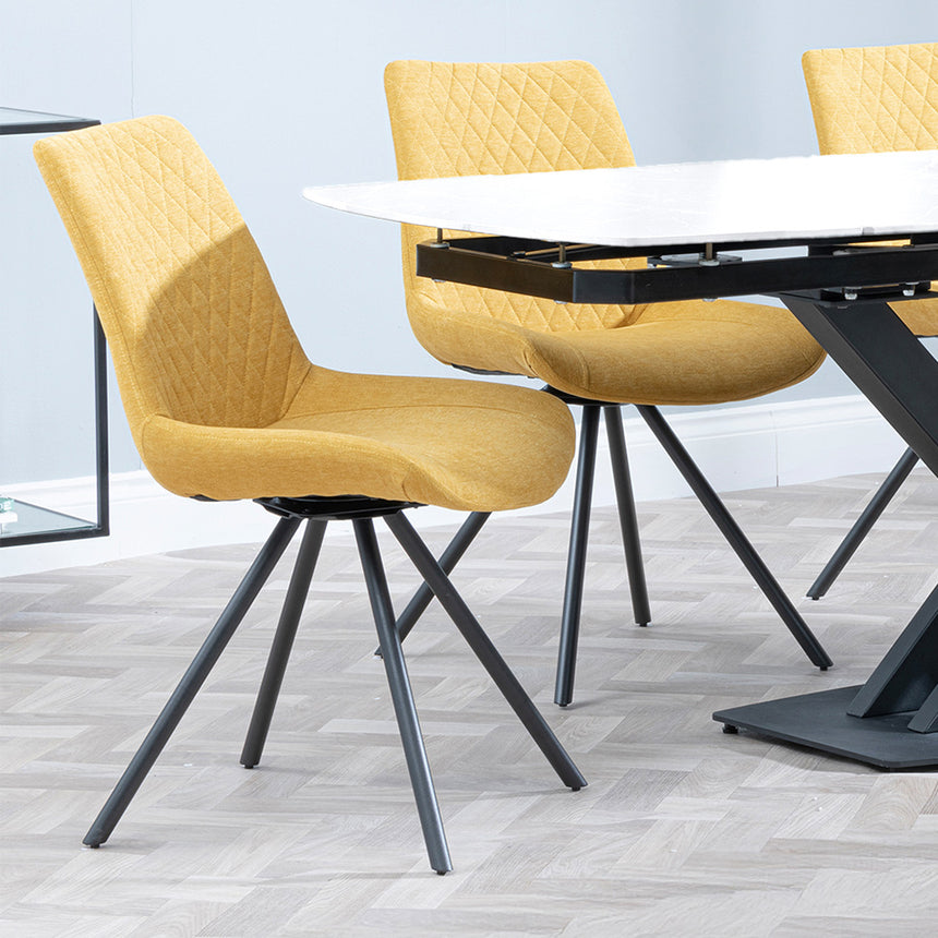 Diana White Ceramic Swivel Top Extending Dining Set - Messina Fabric Swivel Dining Chair