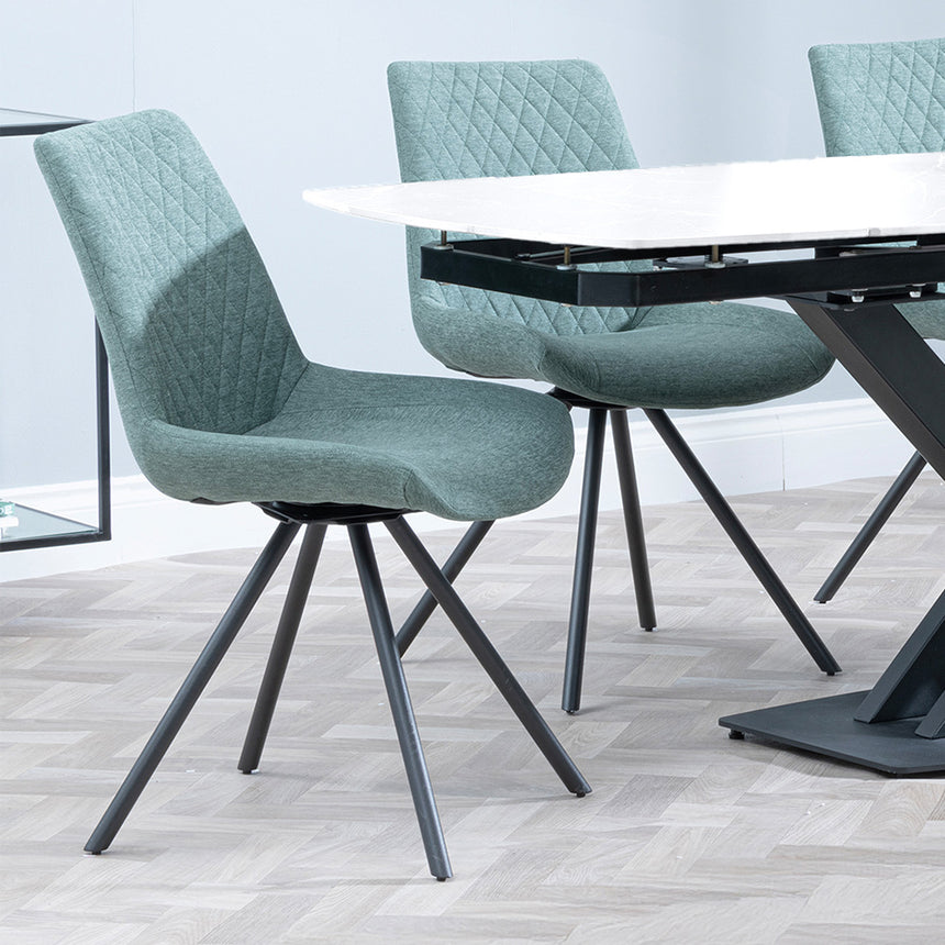 Diana White Ceramic Swivel Top Extending Dining Set - Messina Fabric Swivel Dining Chair