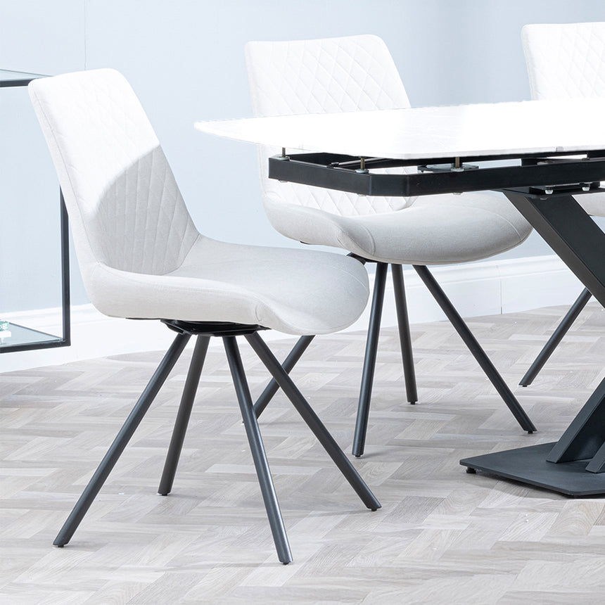 Diana White Ceramic Swivel Top Extending Dining Set - Messina Fabric Swivel Dining Chair