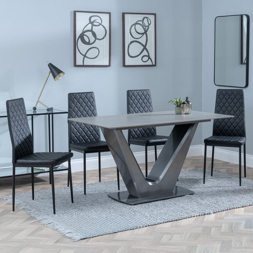 Camillo Grey Ceramic 4 Seater Dining Set - 4 Novato White Leather Dining Chair with Black Legs