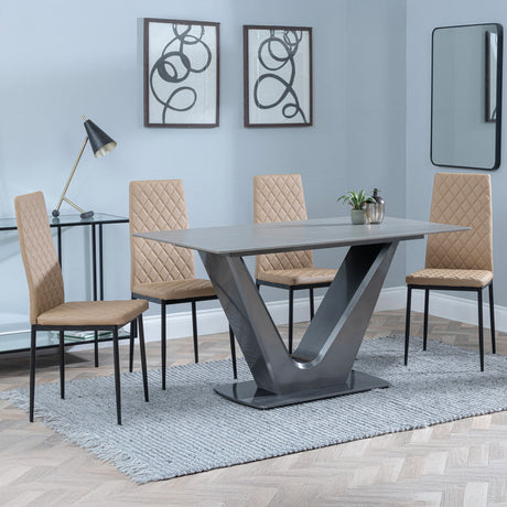 Camillo Grey Ceramic 4 Seater Dining Set - 4 Novato White Leather Dining Chair with Black Legs