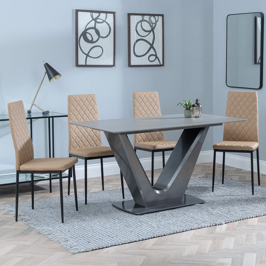 Camillo Grey Ceramic 4 Seater Dining Set - 4 Novato White Leather Dining Chair with Black Legs